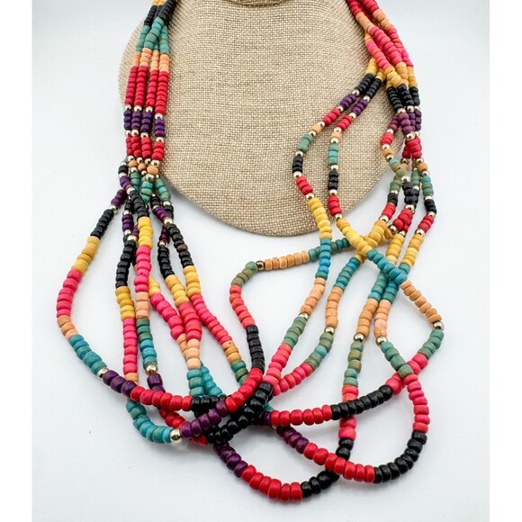Vintage Multicolor Wood Bead Necklace – Layered Tribal Boho Statement Bright - Picture 3 of 8